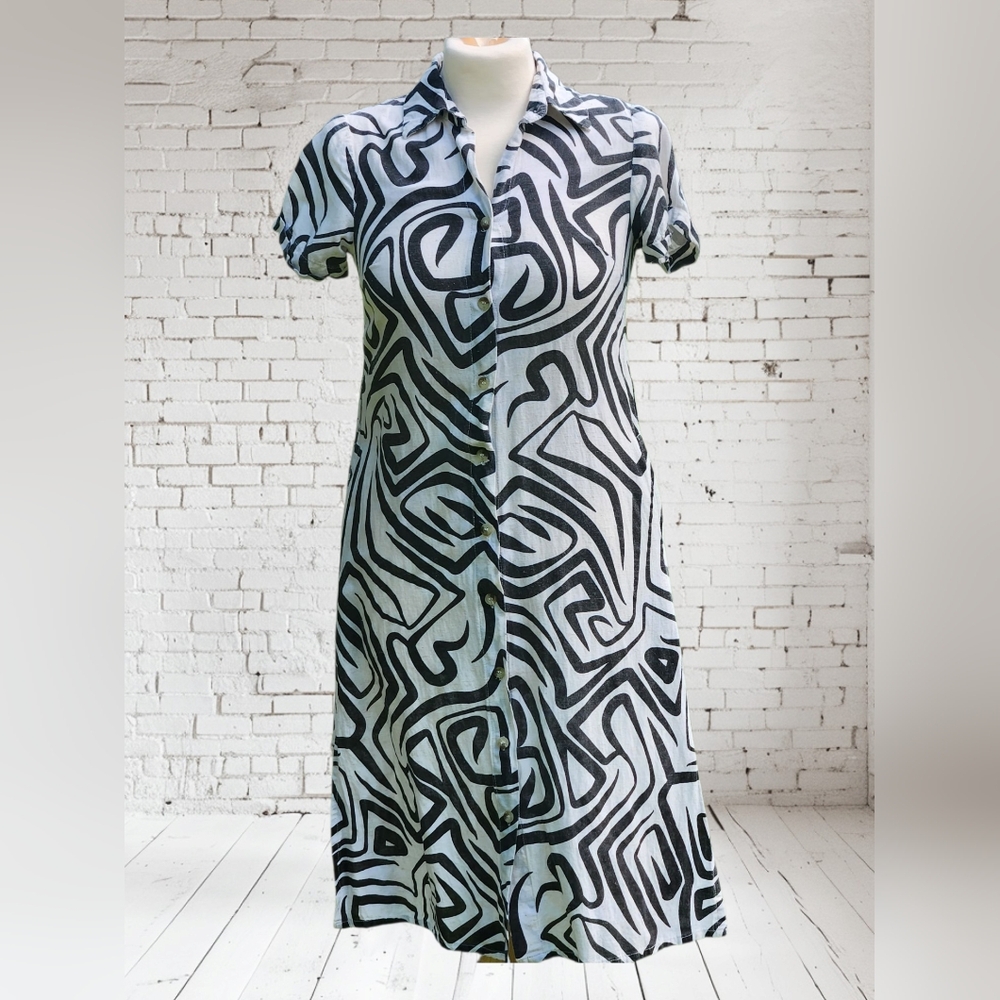 Women's Sz Small Dress Cotton Flax Abstract Maxi Artsy Lagenlook Art - Picture 4 of 10